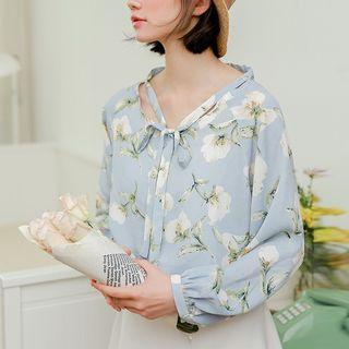 V-neck Floral Chiffon Blouse Blue - One Size