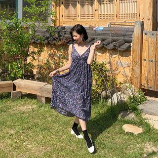 Wrap-front Floral Midi Pinafore Dress