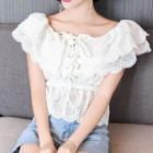 Lace-up Crewneck Ruffled-sleeve Lace Top