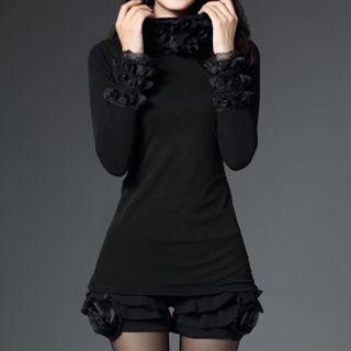 Ruffle Trim High Neck Long-sleeve Top