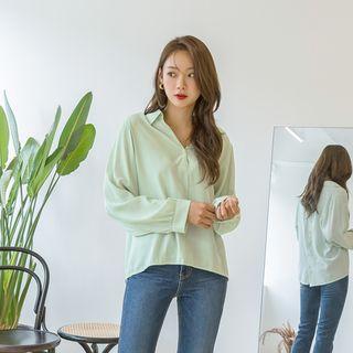 Open-placket Button-back Textured Blouse