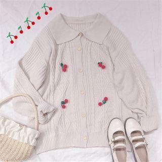 Cherry Collared Knit Cardigan Beige - One Size
