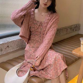Cropped Cardigan / Floral Spaghetti-strap Dress