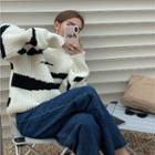 Mock-neck Striped Sweater / Wide-leg Jeans / Biker Jacket