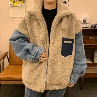 Denim Panel Faux Shearling Jacket