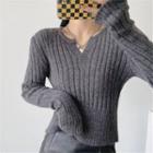 Long Sleeve V-neck Ribbed-knit Sweater