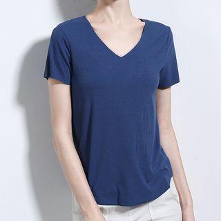 Plain Short-sleeve V-neck Rib-knit Top