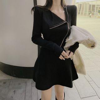Long-sleeve Zip Mini A-line Knit Dress Black - One Size