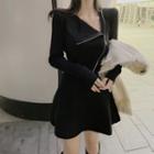 Long-sleeve Zip Mini A-line Knit Dress Black - One Size