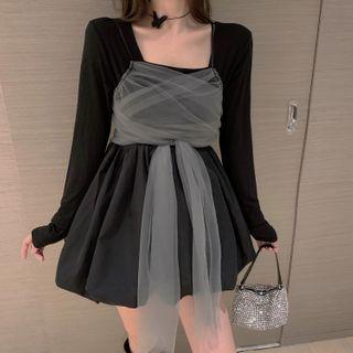 Long-sleeve Mini A-line Dress / Mesh Cropped Camisole Top