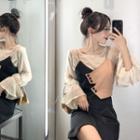 Plain Bell-sleeve Top / Set: Color-block Sleeveless Top + A-line Skirt