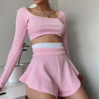 Set: Long-sleeve Crop Top + High-waist Wide Leg Shorts