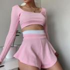 Set: Long-sleeve Crop Top + High-waist Wide Leg Shorts
