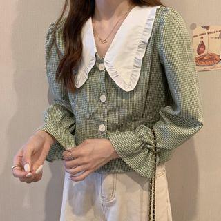 Long-sleeve Contrast Collar Check Button-up Blouse