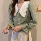 Long-sleeve Contrast Collar Check Button-up Blouse