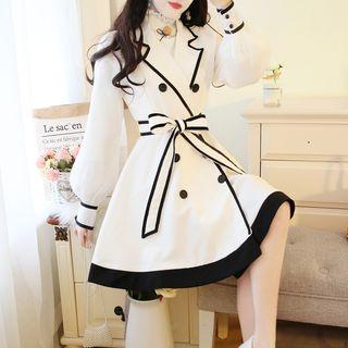 Long-sleeve Contrast Trim Double Breasted A-line Dress