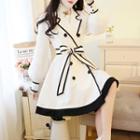 Long-sleeve Contrast Trim Double Breasted A-line Dress