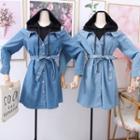 Mock Two-piece Hooded Denim Dress With Sash