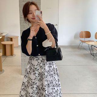 Puff-sleeve Plain Knit Top / High-waist Floral A-line Skirt