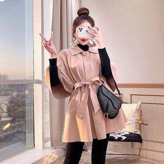 Set: Mock-neck Long-sleeve Knit Top + Skinny Pants + Elbow-sleeve Button Knit Jacket