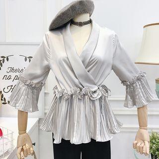 Pleated-hem Ruffled-trim V-neck Blouse
