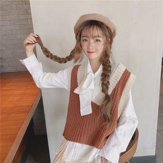 Tie Neck Blouse / Color Block Knit Vest