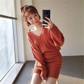 Set: V-neck Rib-knit Cardigan + Miniskirt