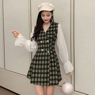 Chiffon-sleeve Plaid Double-breasted A-line Dress
