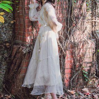 Set: Slipdress + Embroidered Long-sleeve Mesh Midi A-line Dress