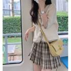 Elbow-sleeve Contrast Trim Jacket / Plaid Mini Pleated Skirt