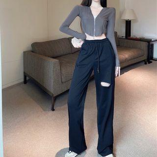 Distressed Wide-leg Pants / Cropped Zip-up Hoodie