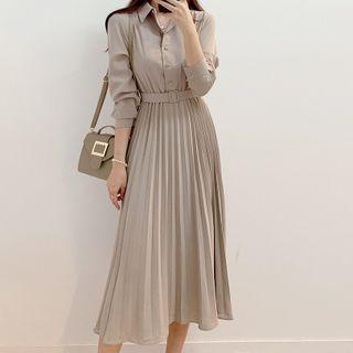 Long-sleeve Plain Button Shirt Pleated Dress With Sash