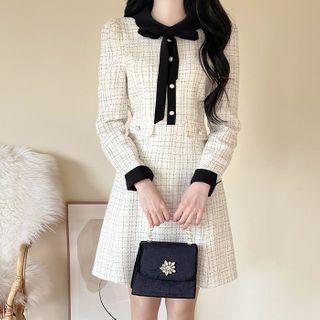 Contrast-collar Checked Dress With Tie