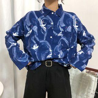 Long-sleeve Crane Print Shirt