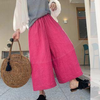 Cotton Linen Plaid Wide-leg Pants