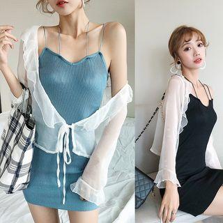Lace-up Jacket / V-neck Knitted Spaghetti Strap Dress