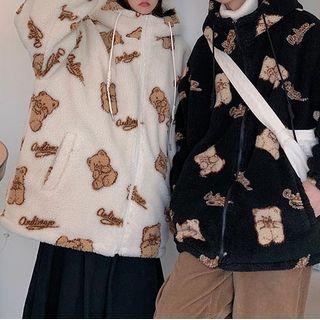 Bear Print Hooded Faux Shearling Jacket