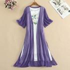Set: Short-sleeve Long Cover-up + Sleeveless Embroidered Midi Dress