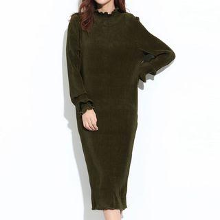 Long-sleeve Ruffle Trim Corduroy Midi Dress