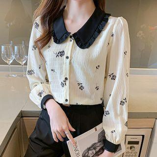 Contrast Trim Peter Pan Collar Long-sleeve Floral Shirt