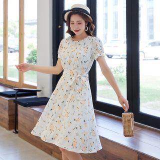 Puff-sleeve Floral Printed Tie-waist A-line Dress