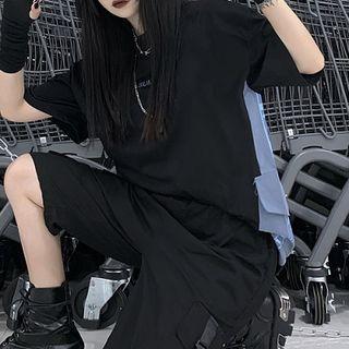 Two-tone Lettering Elbow-sleeve T-shirt / Pocket Detail Wide-leg Shorts / Set