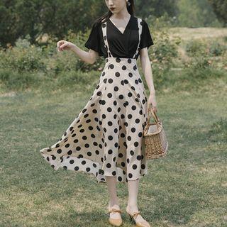 Set: V-neck Short-sleeve T-shirt + Dotted Midi Suspender Skirt