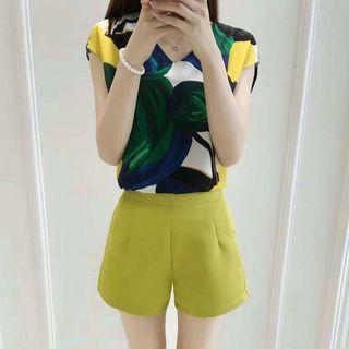 Set: Printed Cap Sleeve Top + Wide Leg Shorts