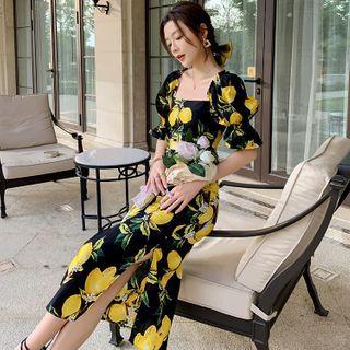 Puff-sleeve Fruit Print Midi Dress