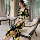 Puff-sleeve Fruit Print Midi Dress