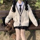 Contrast Trim Cardigan / Pleated Mini Skirt / Shirt / Tie / Set