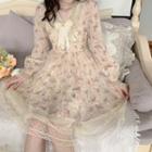 Long-sleeve Floral Lace Trim A-line Dress