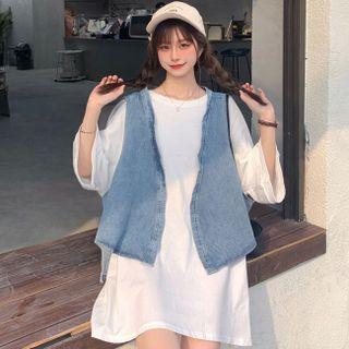 3/4-sleeve Plain T-shirt / Denim Open Vest