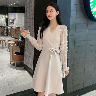 Chiffon Panel Tie-waist Long-sleeve A-line Dress